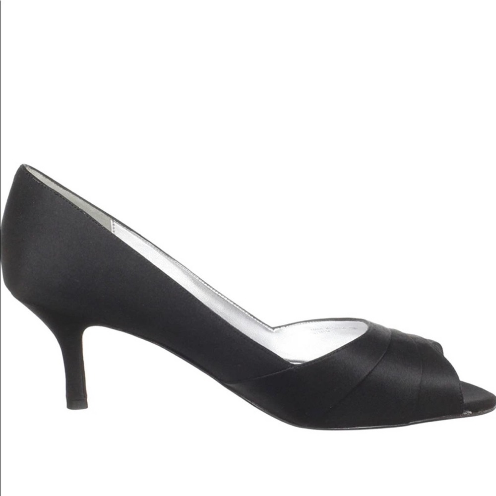 Nina Criana open toe black satin heel pump formal. 2.25" heel height